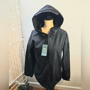 Black Tactical hooded cap Coat Jacket Military Hiking Outsideca size large nwt